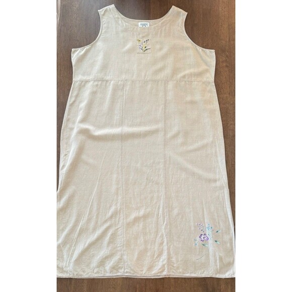 Silk Linen Embroidered Midi Dress Beige Floral Bee Detail 3X Boho Coastal Resort - Picture 9 of 10